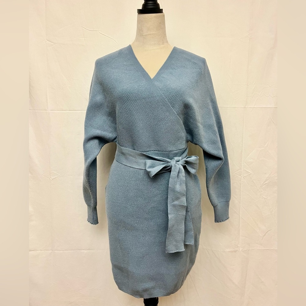 Light Blue Long Sleeve Wrap Sweater Dress with Waist Tie